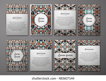 Flyers template set with complicated abstract ornament pattern. Vector greeting card design. Front page and back page.