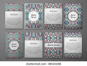 Flyers template set with complicated abstract ornament pattern. Vector greeting card design. Front page and back page.