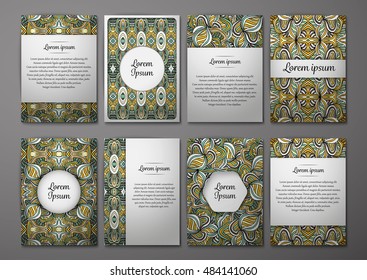 Flyers template set with complicated abstract ornament pattern. Vector greeting card design. Front page and back page.