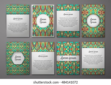 Flyers template set with complicated abstract ornament pattern. Vector greeting card design. Front page and back page.