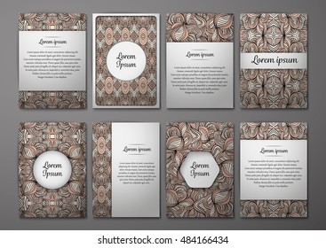 Flyers template set with complicated abstract ornament pattern. Vector greeting card design. Front page and back page.