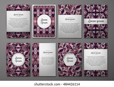Flyers template set with complicated abstract ornament pattern. Vector greeting card design. Front page and back page.