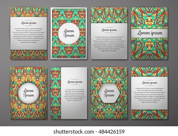 Flyers template set with complicated abstract ornament pattern. Vector greeting card design. Front page and back page.