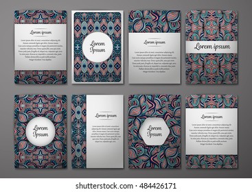 Flyers template set with complicated abstract ornament pattern. Vector greeting card design. Front page and back page.