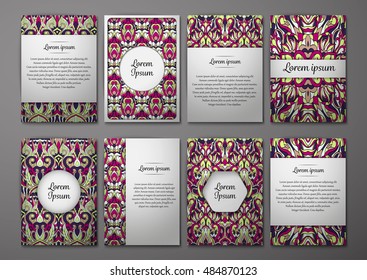 Flyers template set with complicated abstract ornament pattern. Vector greeting card design. Front page and back page.