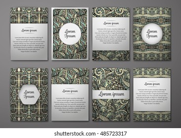 Flyers template set with complicated abstract ornament pattern. Vector greeting card design. Front page and back page.