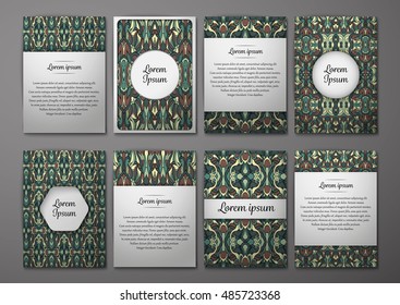 Flyers template set with complicated abstract ornament pattern. Vector greeting card design. Front page and back page.
