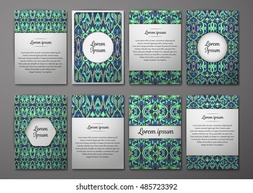 Flyers template set with complicated abstract ornament pattern. Vector greeting card design. Front page and back page.