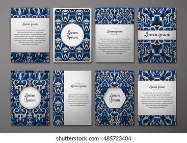 Flyers template set with complicated abstract ornament pattern. Vector greeting card design. Front page and back page.