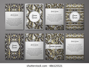 Flyers template set with complicated abstract ornament pattern. Vector greeting card design. Front page and back page.