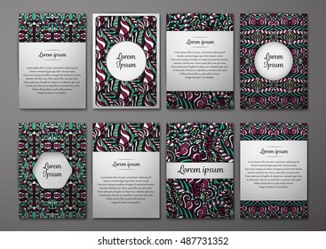 Flyers template set with complicated abstract ornament pattern. Vector greeting card design. Front page and back page.
