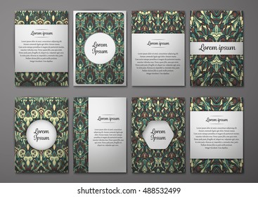 Flyers template set with complicated abstract ornament pattern. Vector greeting card design. Front page and back page.