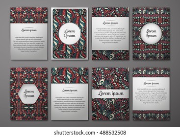 Flyers template set with complicated abstract ornament pattern. Vector greeting card design. Front page and back page.