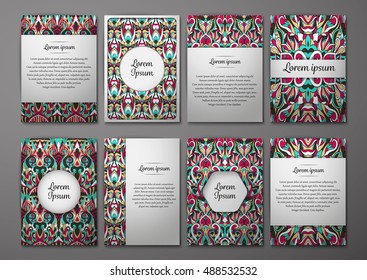 Flyers template set with complicated abstract ornament pattern. Vector greeting card design. Front page and back page.