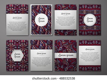 Flyers template set with complicated abstract ornament pattern. Vector greeting card design. Front page and back page.