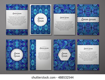Flyers template set with complicated abstract ornament pattern. Vector greeting card design. Front page and back page.