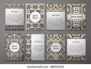 Flyers template set with complicated abstract ornament pattern. Vector greeting card design. Front page and back page.