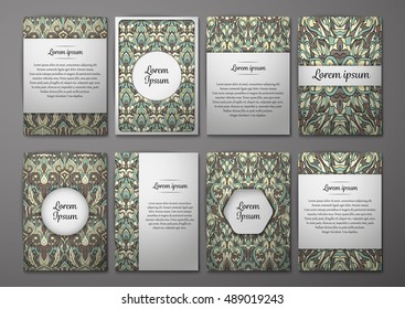Flyers template set with complicated abstract ornament pattern. Vector greeting card design. Front page and back page.