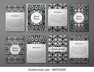 Flyers template set with complicated abstract ornament pattern. Vector greeting card design. Front page and back page.