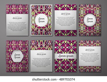 Flyers template set with complicated abstract ornament pattern. Vector greeting card design. Front page and back page.