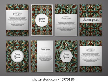 Flyers template set with complicated abstract ornament pattern. Vector greeting card design. Front page and back page.