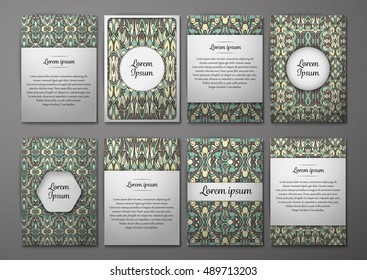 Flyers template set with complicated abstract ornament pattern. Vector greeting card design. Front page and back page.