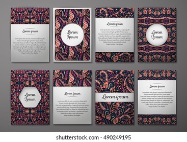 Flyers template set with complicated abstract ornament pattern. Vector greeting card design. Front page and back page.