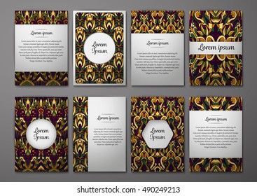 Flyers template set with complicated abstract ornament pattern. Vector greeting card design. Front page and back page.