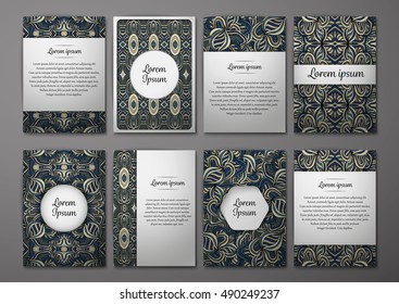 Flyers template set with complicated abstract ornament pattern. Vector greeting card design. Front page and back page.