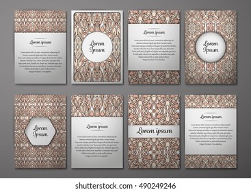 Flyers template set with complicated abstract ornament pattern. Vector greeting card design. Front page and back page.