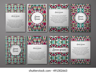 Flyers template set with complicated abstract ornament pattern. Vector greeting card design. Front page and back page.