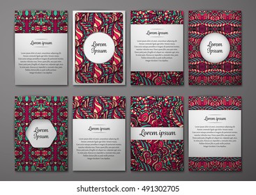 Flyers template set with complicated abstract ornament pattern. Vector greeting card design. Front page and back page.
