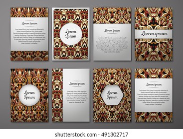 Flyers template set with complicated abstract ornament pattern. Vector greeting card design. Front page and back page.