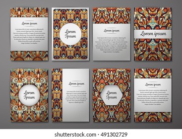 Flyers template set with complicated abstract ornament pattern. Vector greeting card design. Front page and back page.