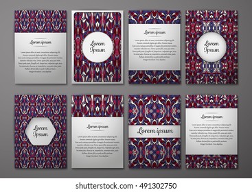 Flyers template set with complicated abstract ornament pattern. Vector greeting card design. Front page and back page.