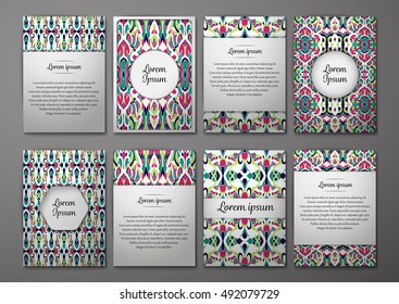 Flyers template set with complicated abstract ornament pattern. Vector greeting card design. Front page and back page.