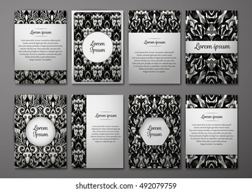 Flyers template set with complicated abstract ornament pattern. Vector greeting card design. Front page and back page.