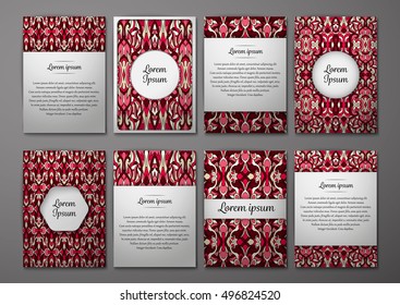 Flyers template set with complicated abstract ornament pattern. Vector greeting card design. Front page and back page.
