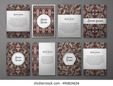 Flyers template set with complicated abstract ornament pattern. Vector greeting card design. Front page and back page.