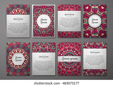 Flyers template set with mandala ornament Vector greeting card design. Front page and back page. Ottoman, arabic, oriental, turkish, indian, pakistan motif.