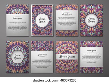 Flyers template set with mandala ornament Vector greeting card design. Front page and back page. Ottoman, arabic, oriental, turkish, indian, pakistan motif.