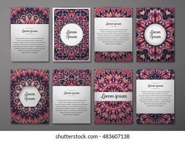 Flyers template set with mandala ornament Vector greeting card design. Front page and back page. Ottoman, arabic, oriental, turkish, indian, pakistan motif.