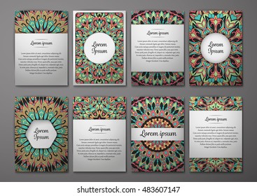 Flyers template set with mandala ornament Vector greeting card design. Front page and back page. Ottoman, arabic, oriental, turkish, indian, pakistan motif.