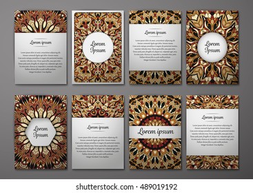 Flyers template set with mandala ornament Vector greeting card design. Front page and back page. Ottoman, arabic, oriental, turkish, indian, pakistan motif.