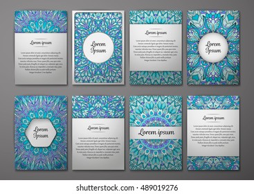 Flyers template set with mandala ornament Vector greeting card design. Front page and back page. Ottoman, arabic, oriental, turkish, indian, pakistan motif.