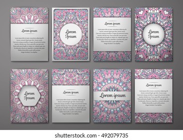 Flyers template set with mandala ornament Vector greeting card design. Front page and back page. Ottoman, arabic, oriental, turkish, indian, pakistan motif.