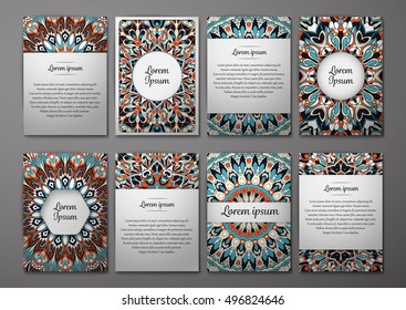 Flyers template set with mandala ornament Vector greeting card design. Front page and back page. Ottoman, arabic, oriental, turkish, indian, pakistan motif.