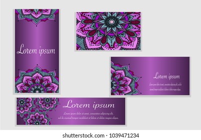 Flyers, visit card, banner template set with mandala ornament. Vector violet card design. Front page and back page. Ottoman, arabic, oriental, turkish, indian, pakistan motif.