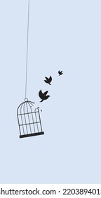 Flying 3 birds   cage  Freedom concept  The emotion freedom   happiness  Minimalist style  vector illustrations