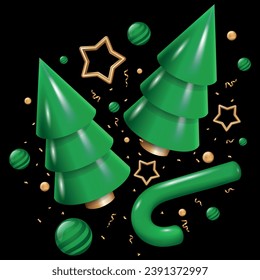 Flying 3d-Weihnachtsbäume mit Weihnachtsbällen, Sternen und Konfetti einzeln auf schwarzem Hintergrund. Kreative Feriendekoration. Winterzusammensetzung. Vektorgrafik
